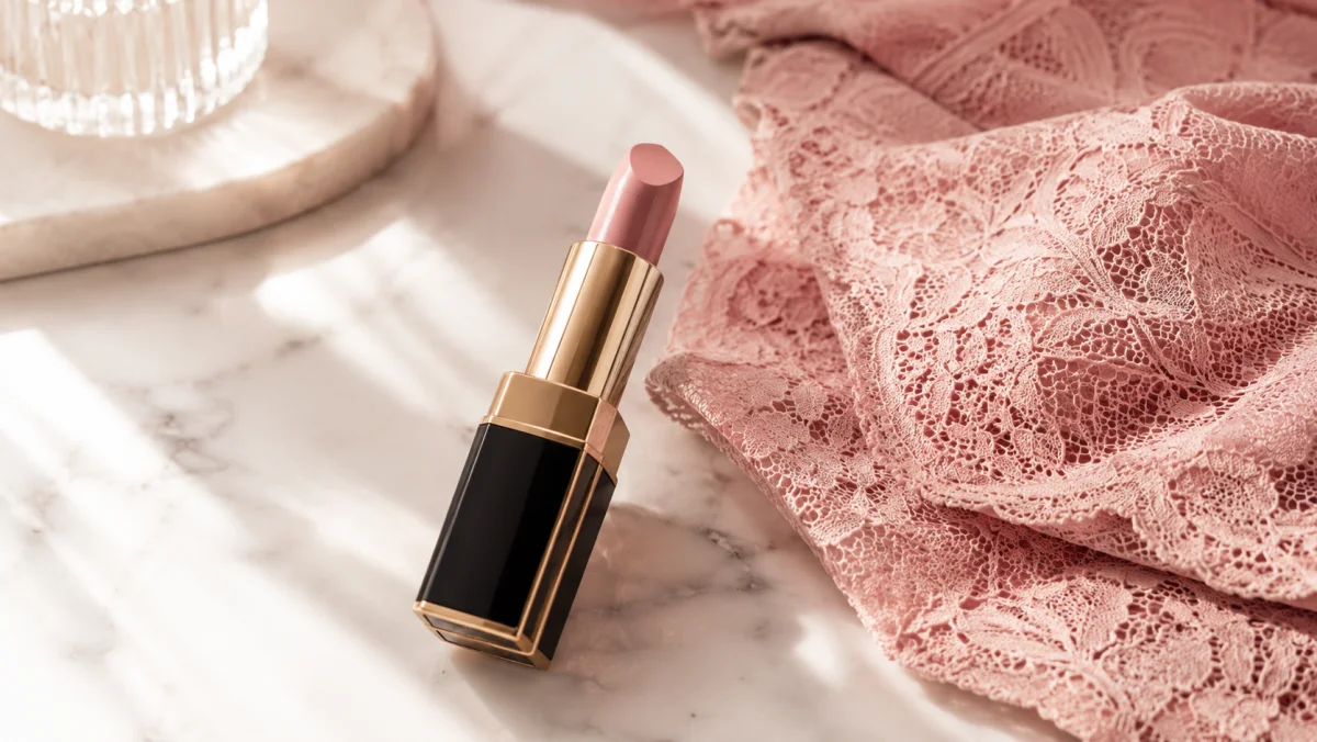 Rose lipstick and blush lace fabric still life editorial