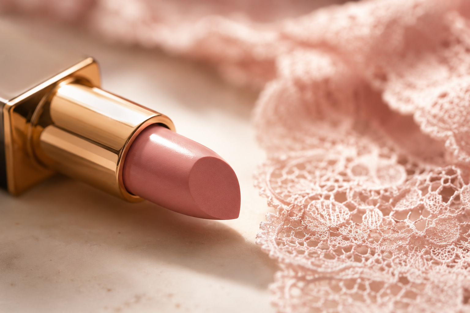 Rose lipstick beside dusty blush lace on a vanity surface