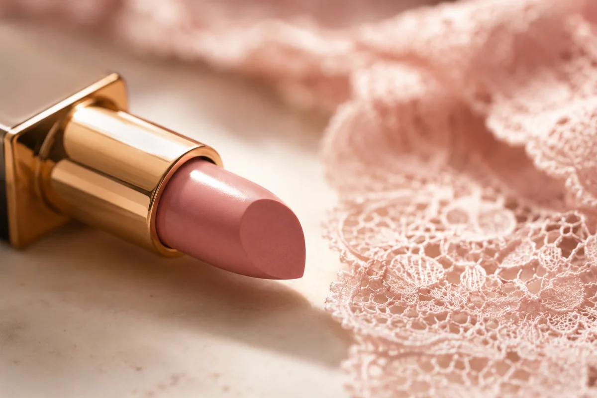 Rose lipstick beside dusty blush lace on a vanity surface